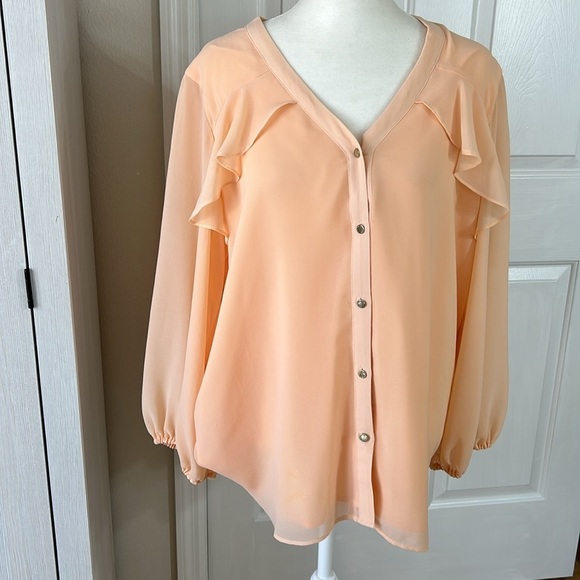 Calvin Klein Peach Button up Blouse with Ruffle Detail Sz XL - Picture 2 of 12